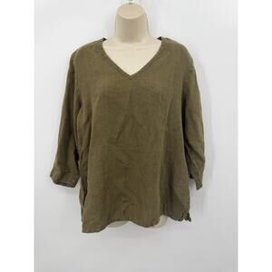 Flax Green V Neck Linen Shirt Small 3/4 Sleeve